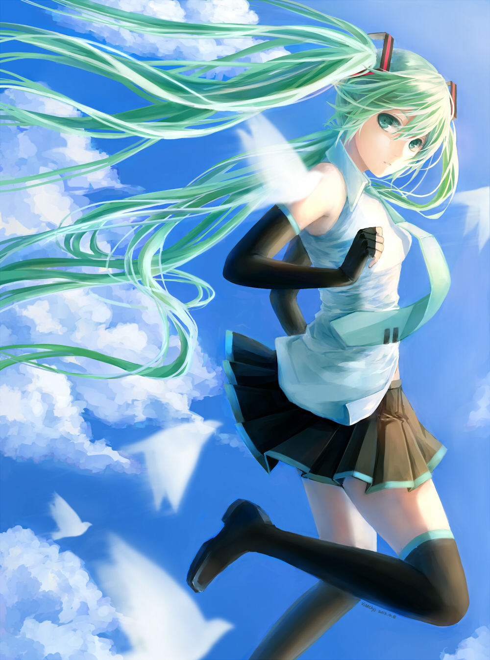 1girl, bird, boots, clouds, detached_sleeves, elbow_gloves, gloves, green_eyes