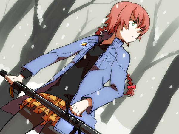 anti-tank_rifle, boots, braid, coat, darker_than_black, green_eyes, gun, jewelry, mackerel, necklace, pantyhose, ptrd-41, red_hair, redhead, rifle, sabo_(fuya_2), single_braid, skirt, sniper_rifle, snow, solo, suou_pavlichenko, tree, weapon