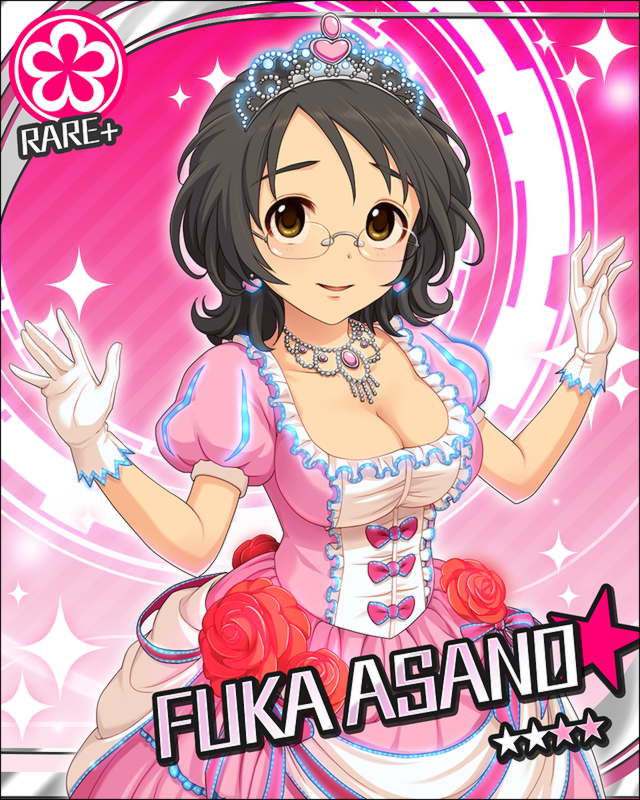 1girl, asano_fuuka, black_hair, breasts, brown_eyes, character_name, cleavage, earrings, flower, flower_(symbol), glasses, gloves, idolmaster, idolmaster_cinderella_girls, jewelry, large_breasts, official_art, short_hair