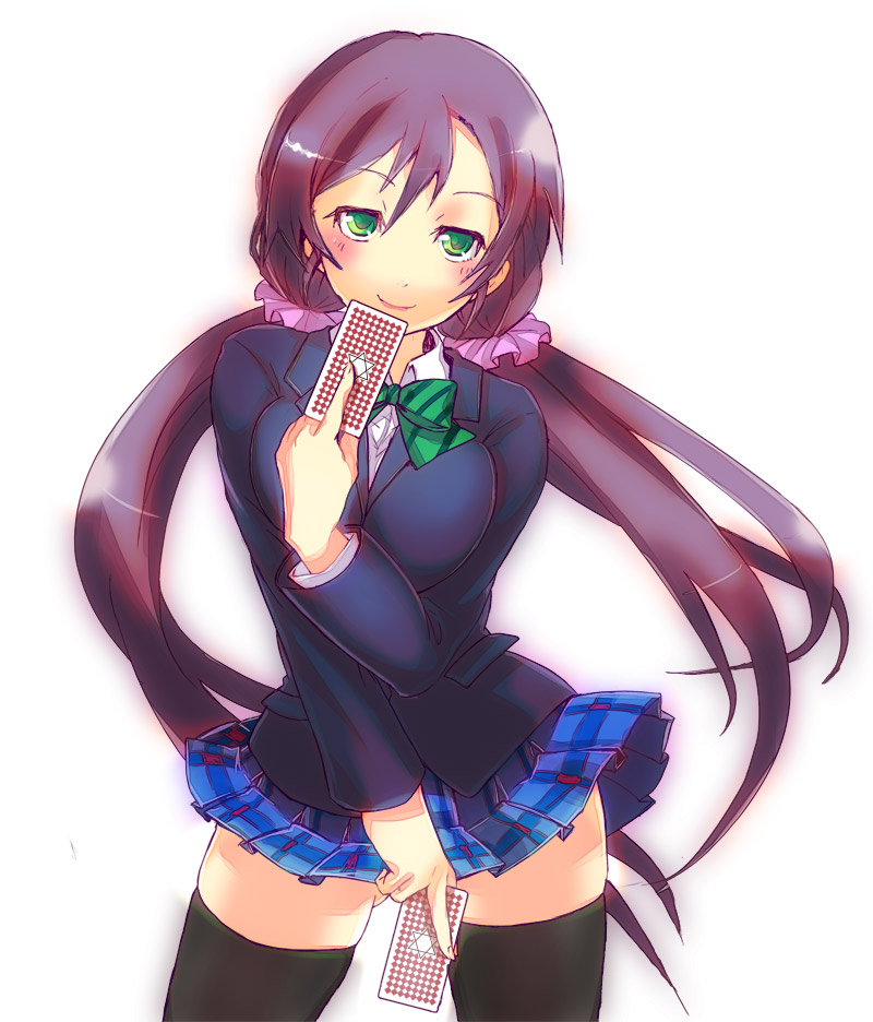 1girl, blazer, blush, card, green_eyes, long_hair, love_live!_school_idol_project, piggybank_(pixiv), playing_card, purple_hair, school_uniform, skirt, smile, toujou_nozomi, twintails