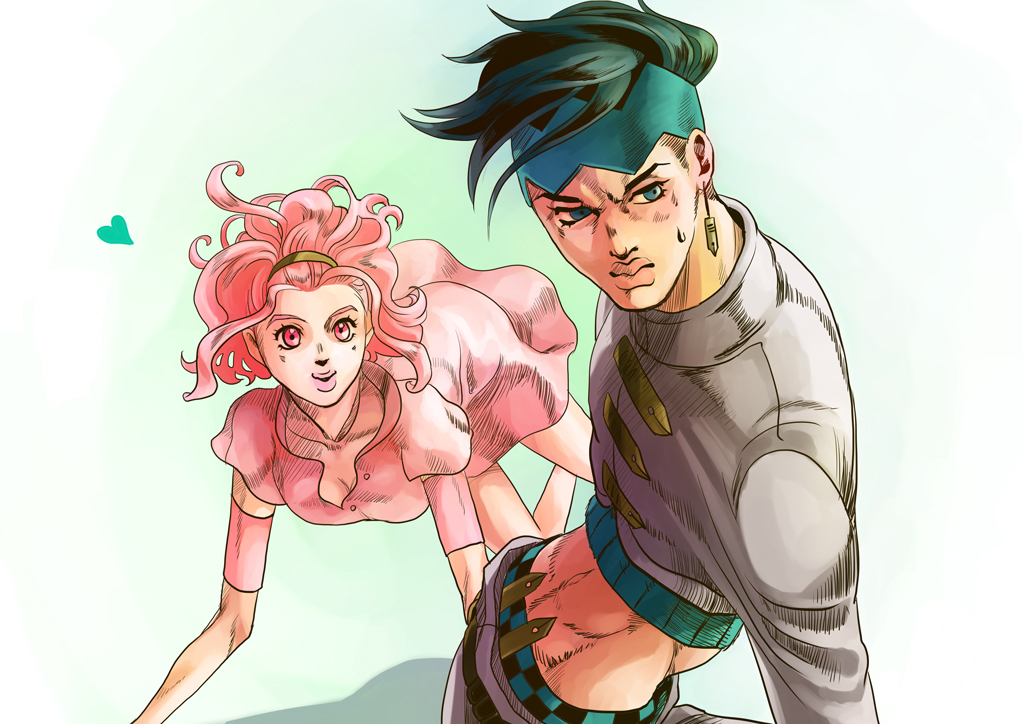 1boy, 1girl, dress, earrings, green_eyes, green_hair, hairband, headband, jewelry, jojo_no_kimyou_na_bouken, kishibe_rohan, midriff, mnr_1x4, pink_eyes, pink_hair, short_hair, sugimoto_reimi