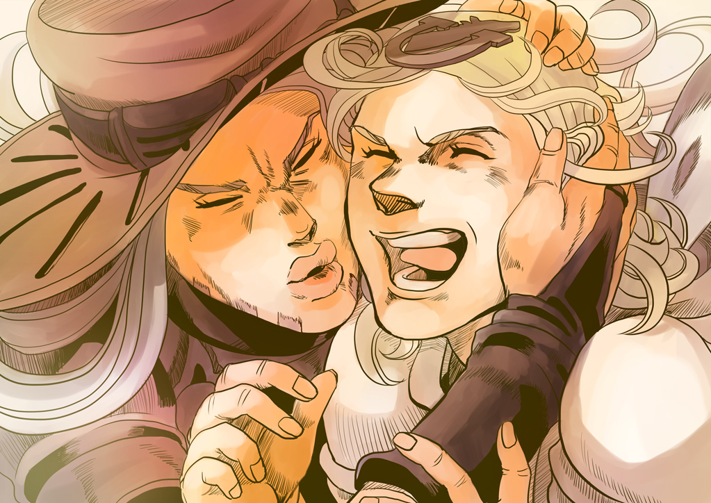 beard, facial_hair, gyro_zeppeli, hat, horseshoe, hug, johnny_joestar, jojo_no_kimyou_na_bouken