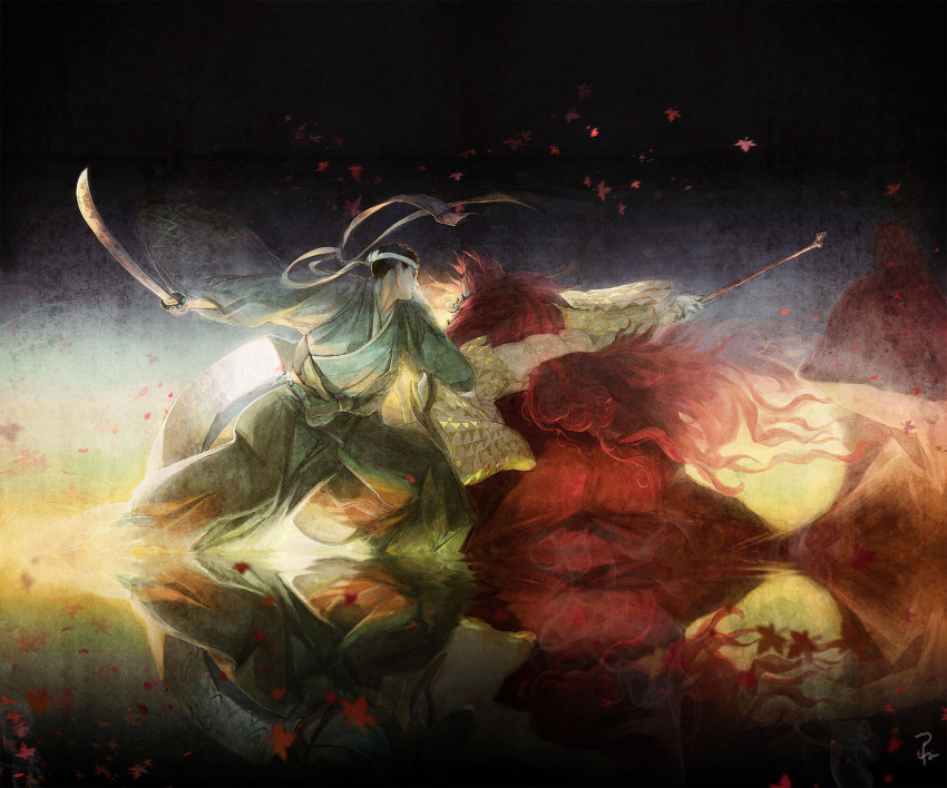 1boy, 1girl, battle, black_hair, cane, hachimaki, hakama, headband