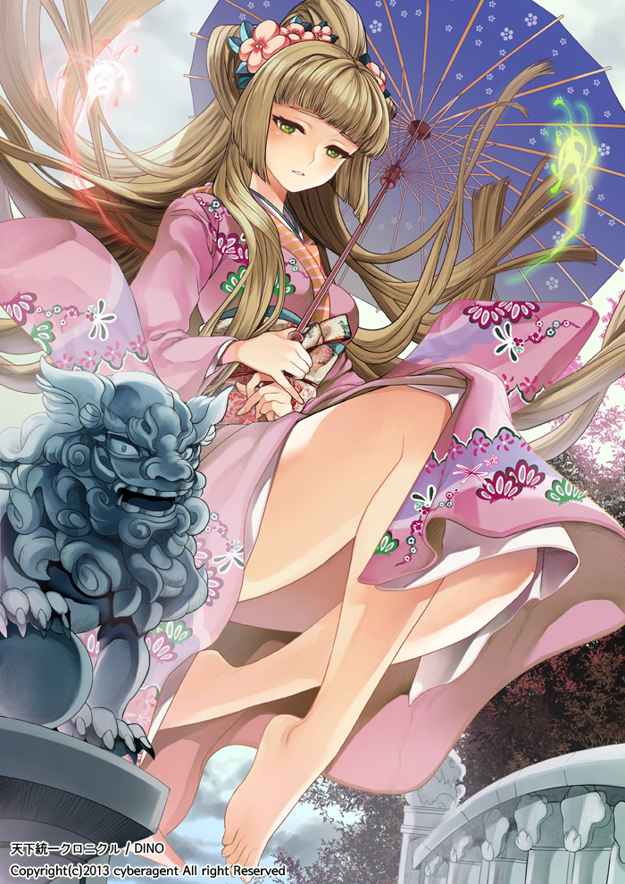 1girl, barefoot, brown_hair, dino_(trexsilence), feet, fire, flower, green_eyes