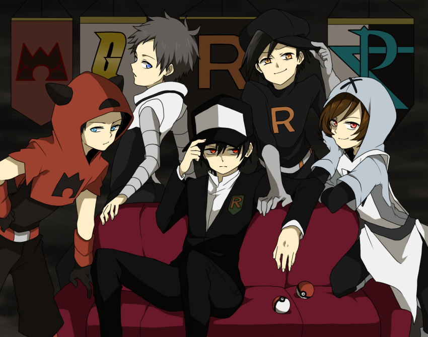 5boys, adjusting_hat, banner, baseball_cap, belt, black_hair, blue_eyes, brown_hair