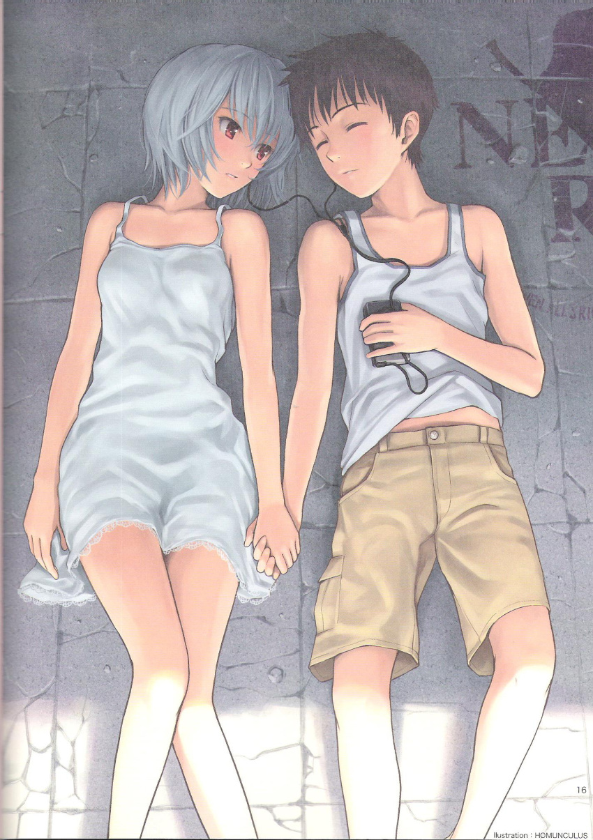 ayanami_rei, blue_eyes, blue_hair, brown_hair, highres, homunculus_(artist), ikari_shinji, neon_genesis_evangelion