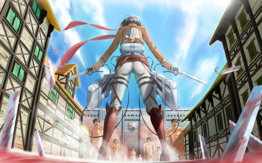 black_hair, blood, boots, brianchan.t.w, broken_sword, dutch_angle, from_behind, giant