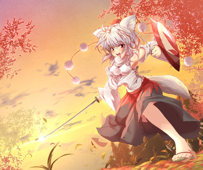 1girl, animal_ears, autumn, detached_sleeves, dutch_angle, hat, highres, inubashiri_momiji