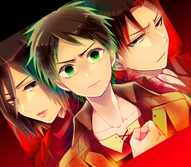 @shimapan, black_eyes, black_hair, eren_jaeger, green_eyes, levi_(shingeki_no_kyojin), mikasa_ackerman, scarf