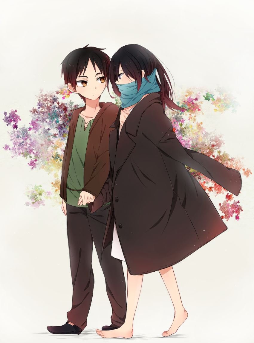 absurdres, barefoot, eren_jaeger, highres, holding_hands, jacket, long_hair, mikasa_ackerman