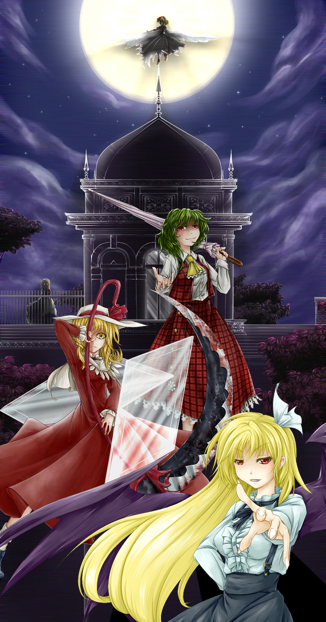 5girls, angel_wings, ascot, bat_wings, blonde_hair, blood, boots, buttons