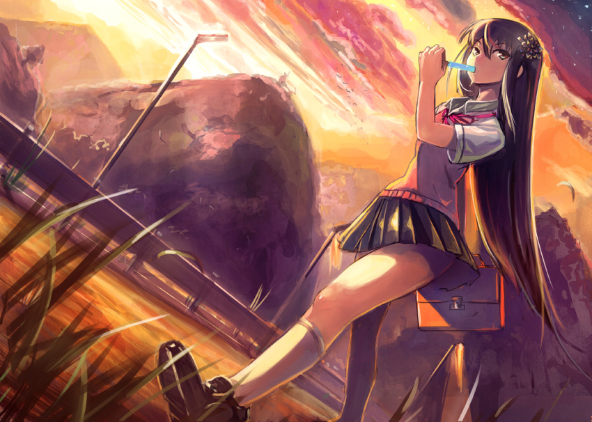 1girl, bag, black_hair, female, flower, food, hair_ornament, hill, ice_cream, jinichi, long_hair, original, school_uniform, skirt, sunset, walking