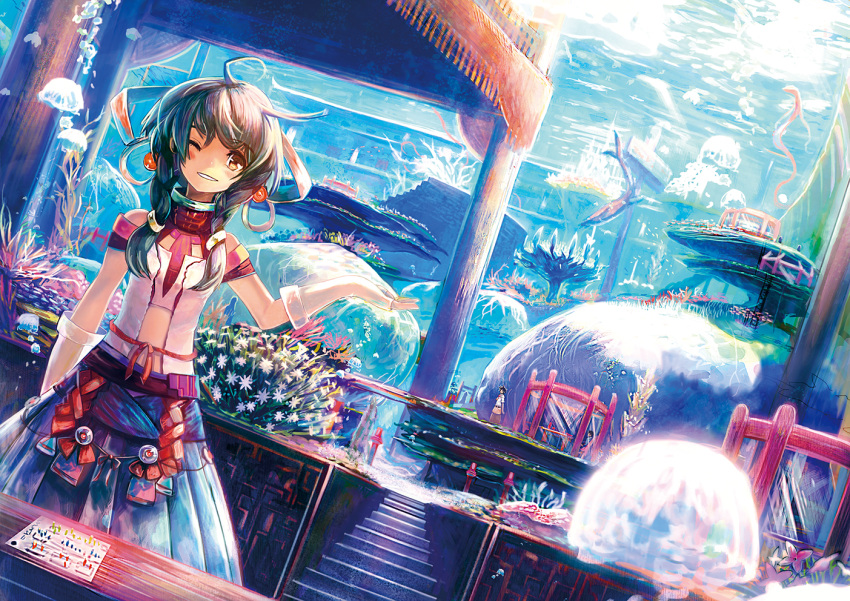 1girl, blush, brown_hair, bubble, coral, fish, hair_ornament, jellyfish, jinichi, original, short_hair, skirt, smile, solo, twintails, underwater, wink