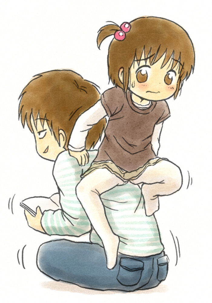 1boy, 1girl, age_difference, book, brother_and_sister, brown_eyes, brown_hair, hair_bobbles