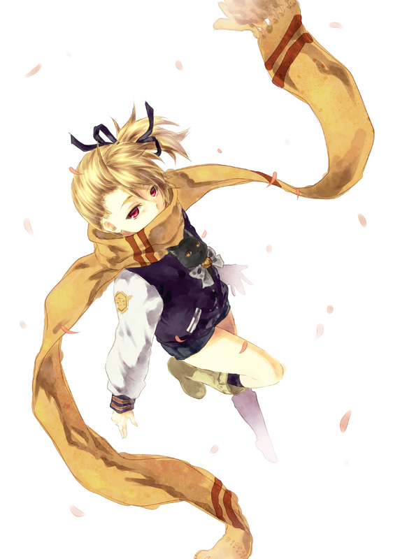 1girl, blonde_hair, cat, hair_ribbon, jacket, kirishima_kirihiko, kouji_(campus_life), kurenai
