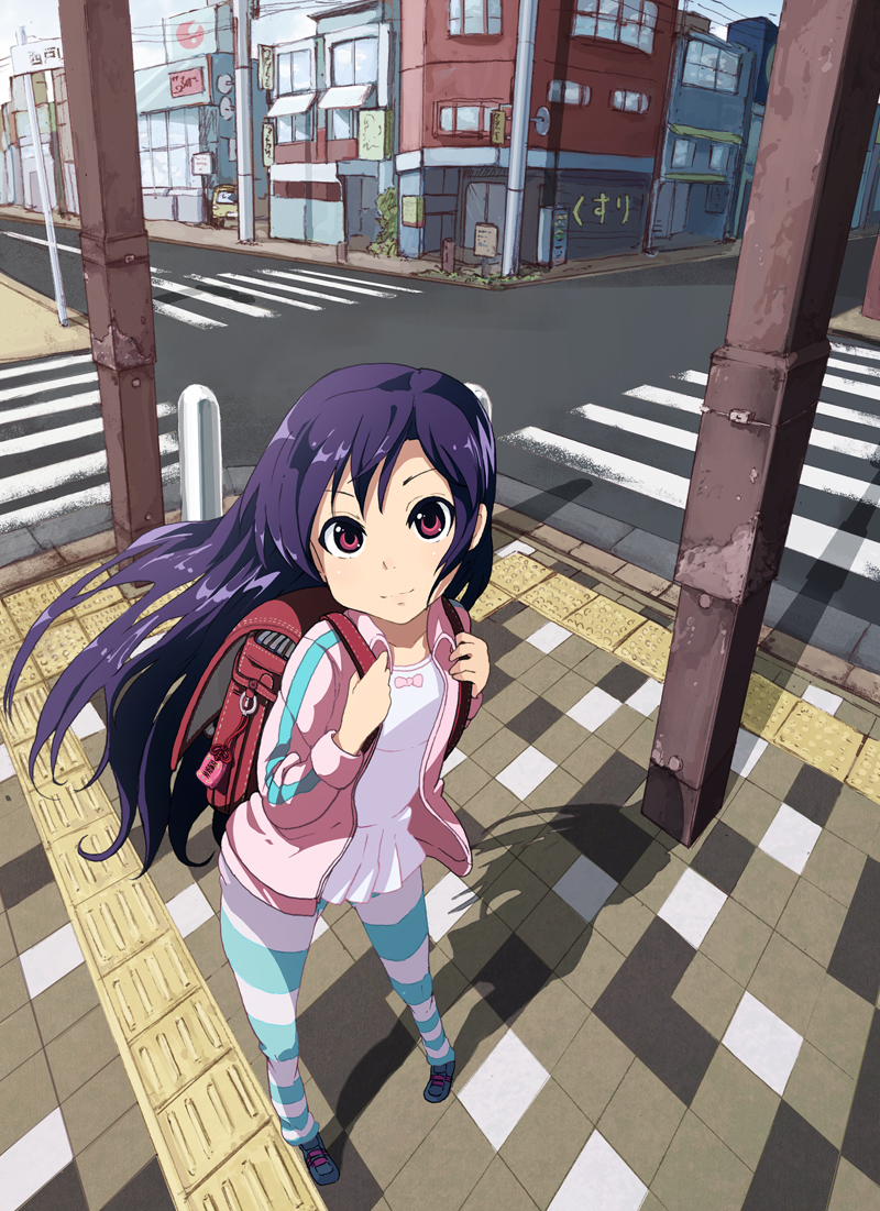 1girl, backpack, bag, child, crosswalk, ebibaachan, kuhouin_murasaki, kurenai, pink_eyes, purple_hair, randoseru, road, smile, solo, street, striped, striped_legwear, tiles