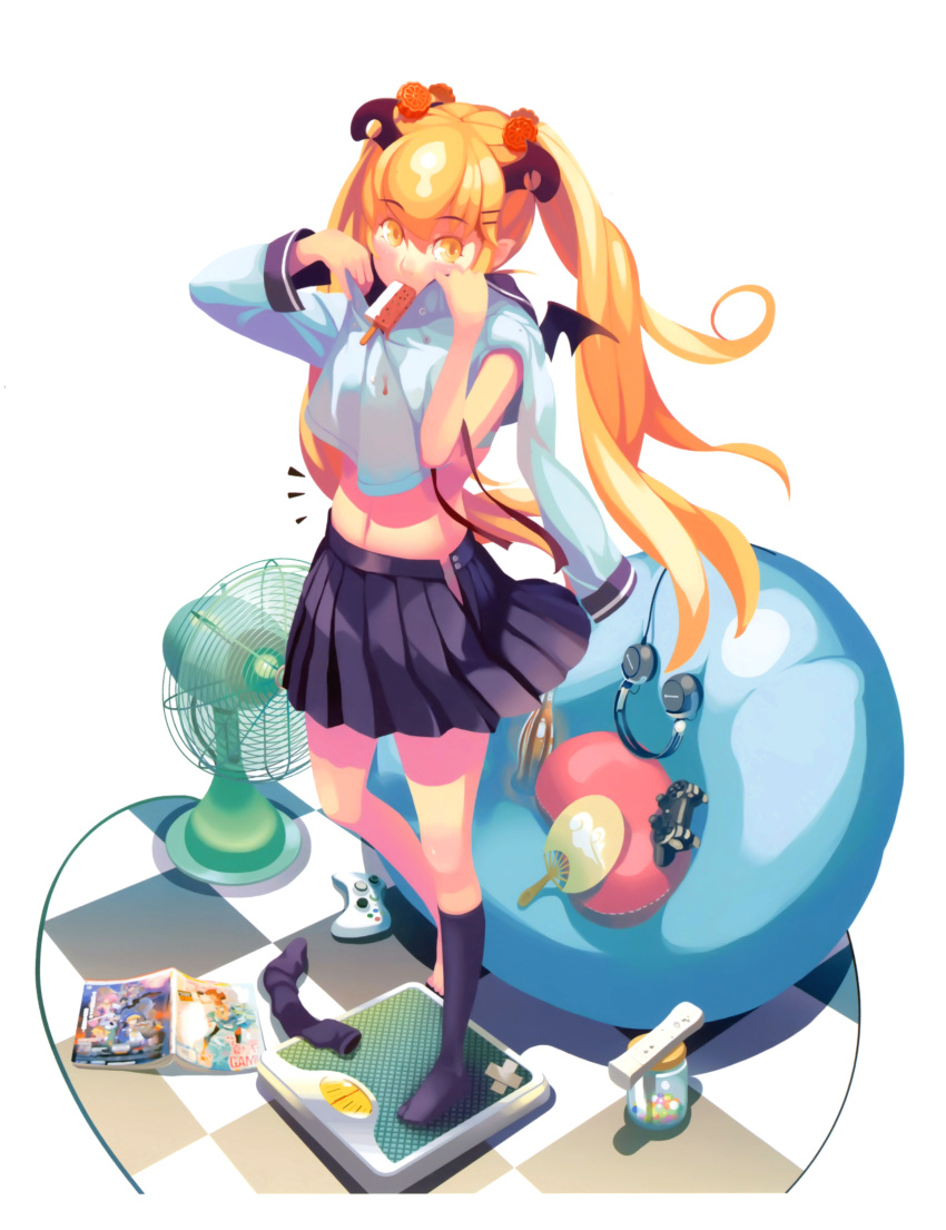 1girl, absurdres, bean_bag_chair, black_legwear, blonde_hair, bra, checkered, checkered_floor