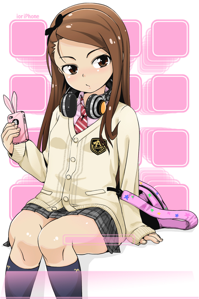 1girl, apple_inc., bangs, blue_legwear, brown_eyes, brown_hair, cardigan, fingernails