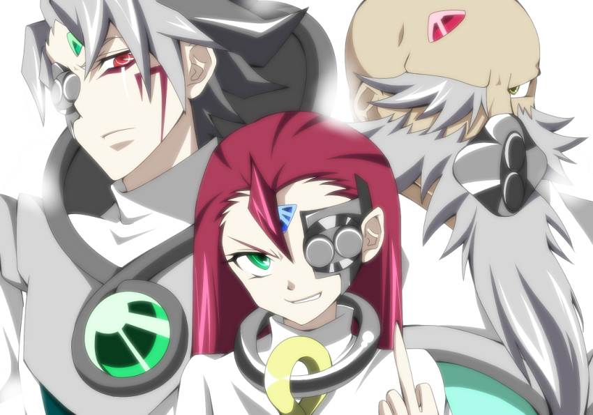 3boys, airi81, backlighting, bald, beard, facial_hair, facial_tattoo, green_eyes
