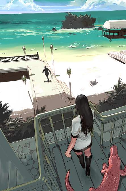 beach, christina_(fsr), crocodile, crocodilian, hana_to_taiyou_to_ame_to, junny, kusabi_toriko, ocean