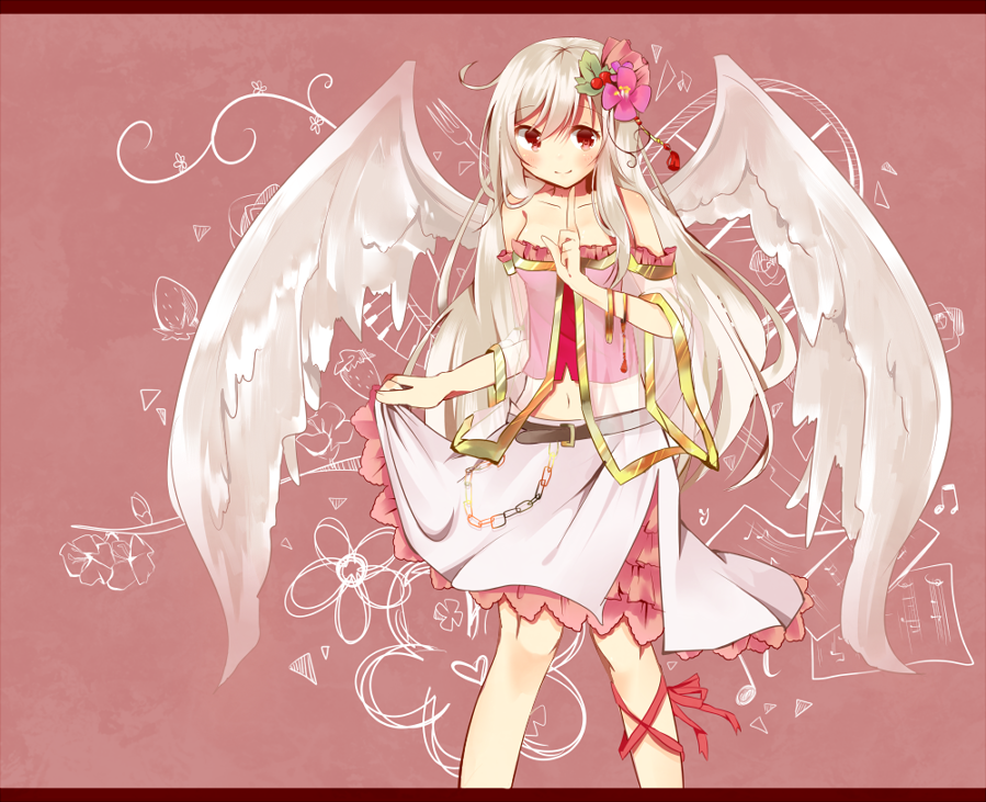 1girl, angel_wings, bare_shoulders, belt, bracelet, chain, cherry_blossoms, collarbone