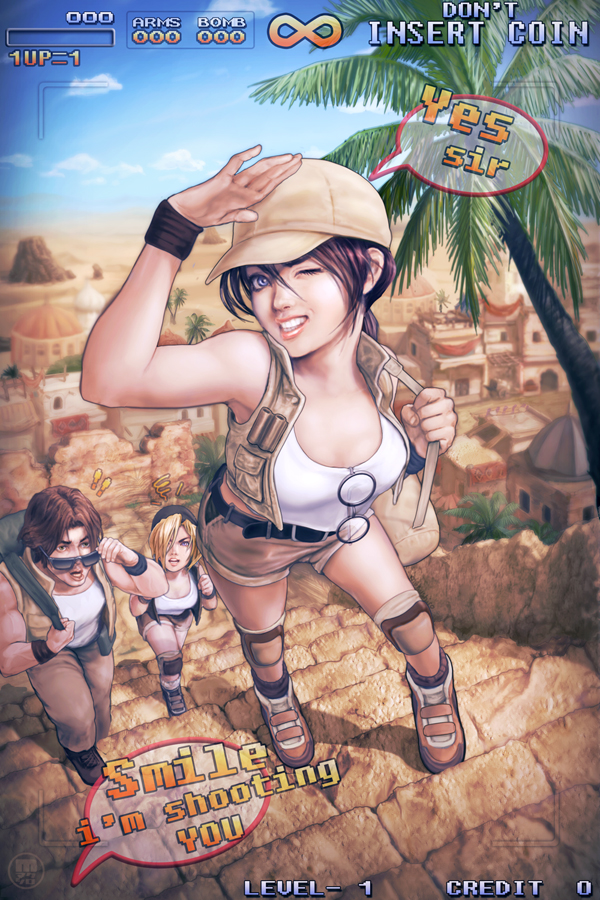 blonde_hair, brown_hair, fio_germi, glasses, kasamoto_eri, makushiro, metal_slug, ponytail, shorts, sunglasses, tarma_roving