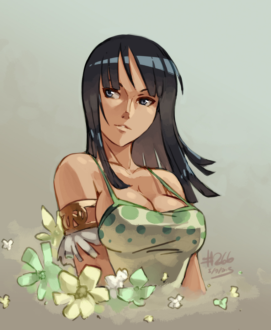 1girl, armlet, bare_shoulders, black_hair, blue_eyes, breasts, bust, cleavage, dated, junkpuyo, large_breasts, light_smile, long_hair, nico_robin, one_piece, solo, spaghetti_strap, strap_gap, taut_clothes