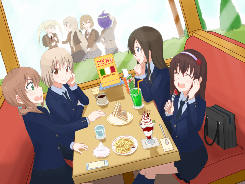 6+girls, :d, ^_^, blonde_hair, blue_eyes, brown_eyes, brown_hair, closed_eyes, coffee, cup, dutch_angle, food, french_fries, fruit, green_eyes, hairband, highres, ice_cream, italian_flag, long_hair, miwa_ai, multiple_girls, necktie, nekopantz, ogawa_kokoro, oomuro_hanako, oomuro_nadeshiko, oomuroke, open_mouth, plate, purple_hair, restaurant, school_uniform, sitting, skirt, smile, sonokawa_megumi, souma_mirai, spoon, straw, strawberry, sundae, takasaki_misaki, tears, twintails, water, yaena_miho, yuru_yuri