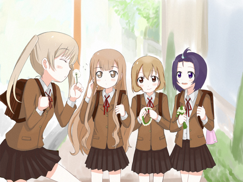 4girls, backpack, bag, blonde_hair, brown_eyes, brown_hair, closed_eyes, dandelion