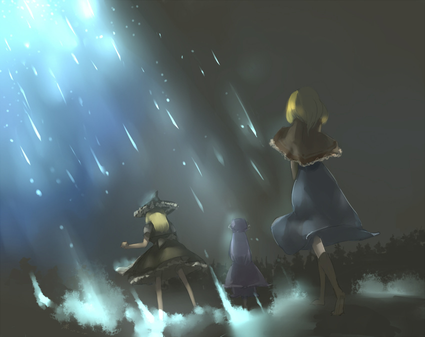 3girls, alice_margatroid, blonde_hair, cha, dark, dress, hat, highres