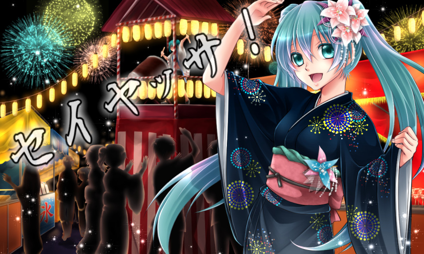 aqua_eyes, aqua_hair, copyright_name, fireworks, flower, hair_flower, hair_ornament, hatsune_miku
