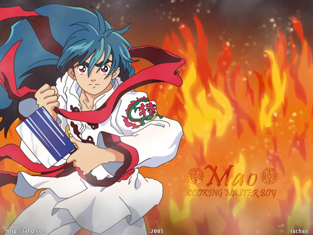 1boy, blue_hair, brown_eyes, chuuka_ichiban!, fire, mao_(chuuka_ichiban), solo, wallpaper