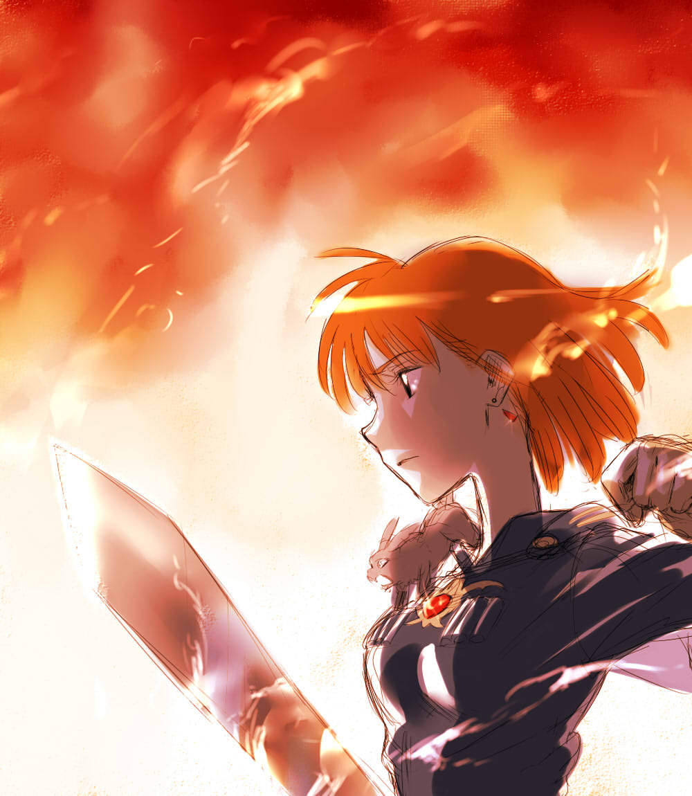 1girl, animal, animal_on_shoulder, black_eyes, brown_hair, earrings, fire, gloves