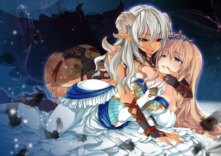 2girls, all_fours, black_feathers, blonde_hair, blue_eyes, blush, breasts, brown_eyes
