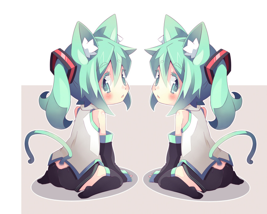 animal_ears, aqua_eyes, aqua_hair, blush, cat_ears, cat_tail, chibi, detached_sleeves