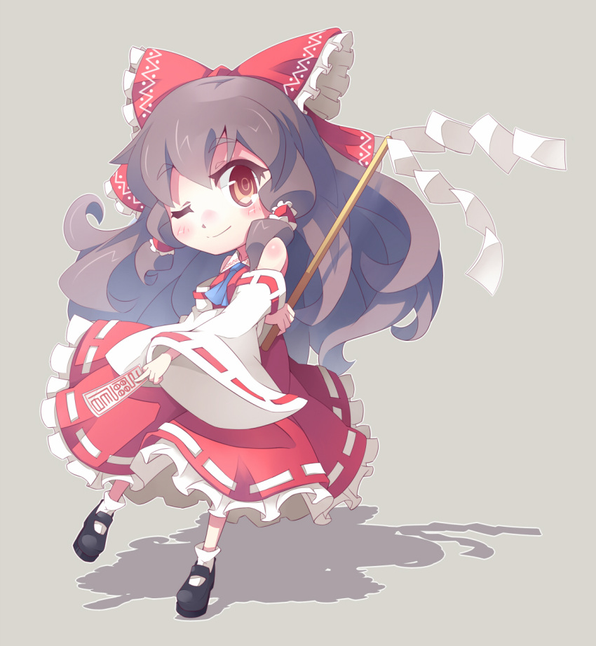 1girl, black_hair, blush, bow, chibi, dress, gohei, hair_bow