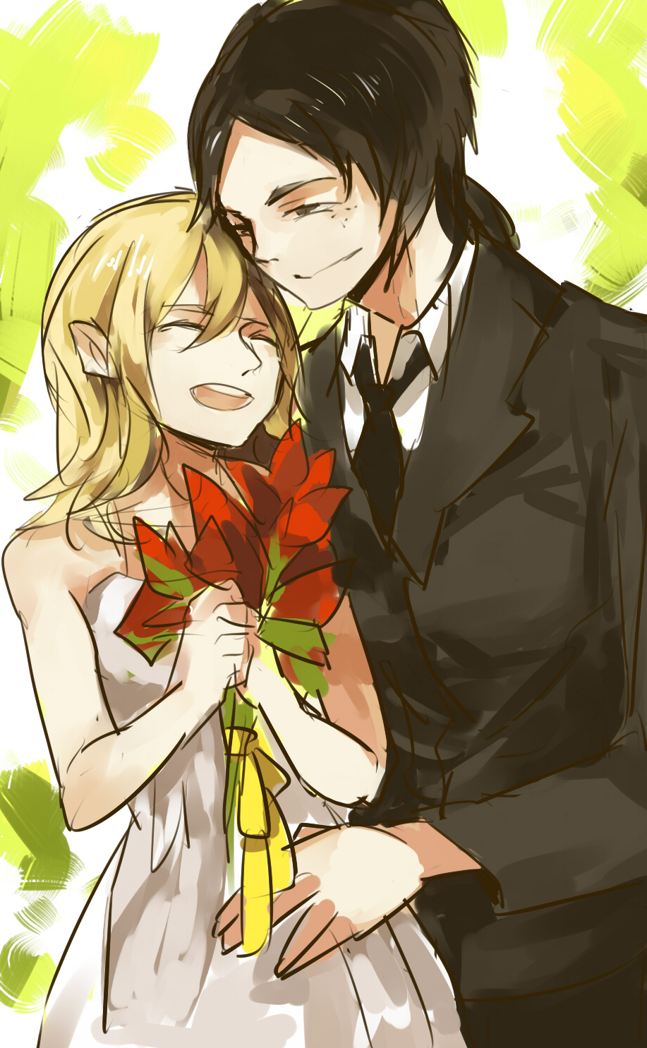 2girls, bouquet, christa_renz, closed_eyes, couple, dress, flower, formal