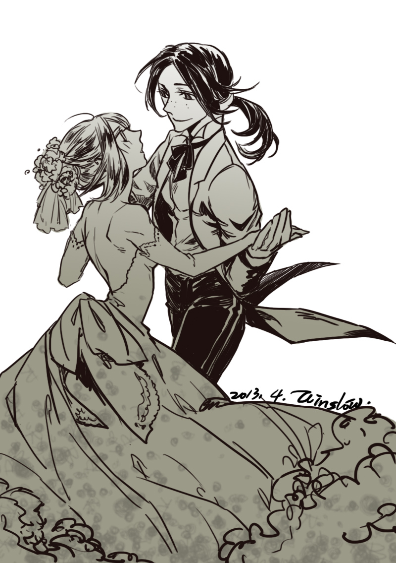 2girls, alternate_hairstyle, bare_back, christa_renz, dancing, darkwinslow, dated, dress