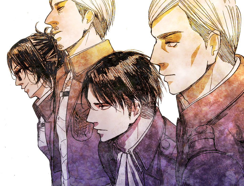 1girl, 3boys, beard, black_hair, blonde_hair, erwin_smith, facial_hair, group