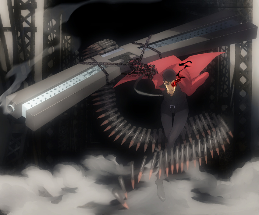 arsene_lupin_iii, bad_id, black_rock_shooter, bullet, chain, chains, glowing, glowing_eyes