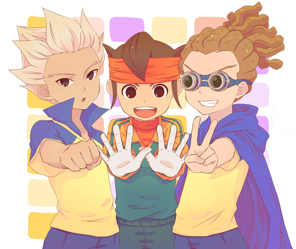 3boys, brown_hair, cape, clenched_hand, endou_mamoru, goggles, gouenji_shuuya, grin