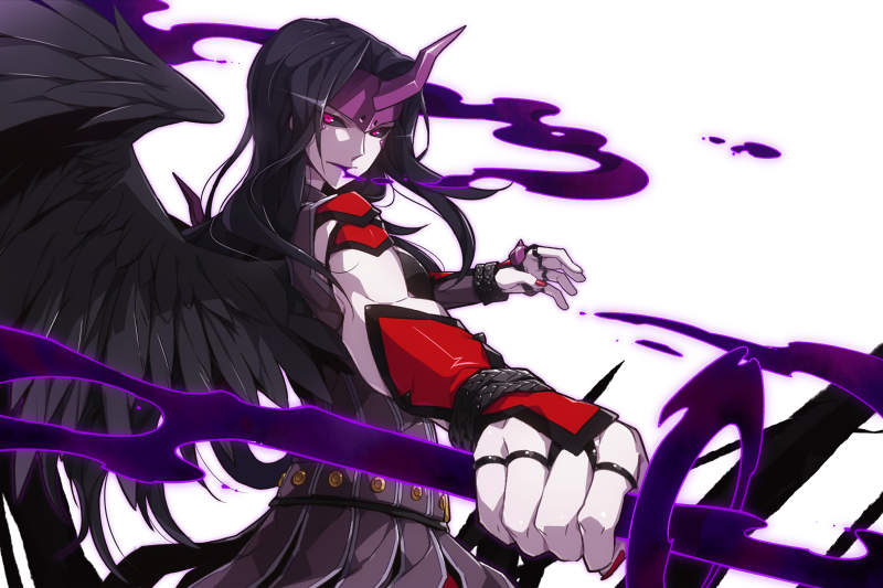 1girl, astaroth_(mygrimoire), black_hair, black_sclera, horn, kyousaku, long_hair, mygrimoire, original, red_eyes, skirt, solo, white_background, white_skin, wings