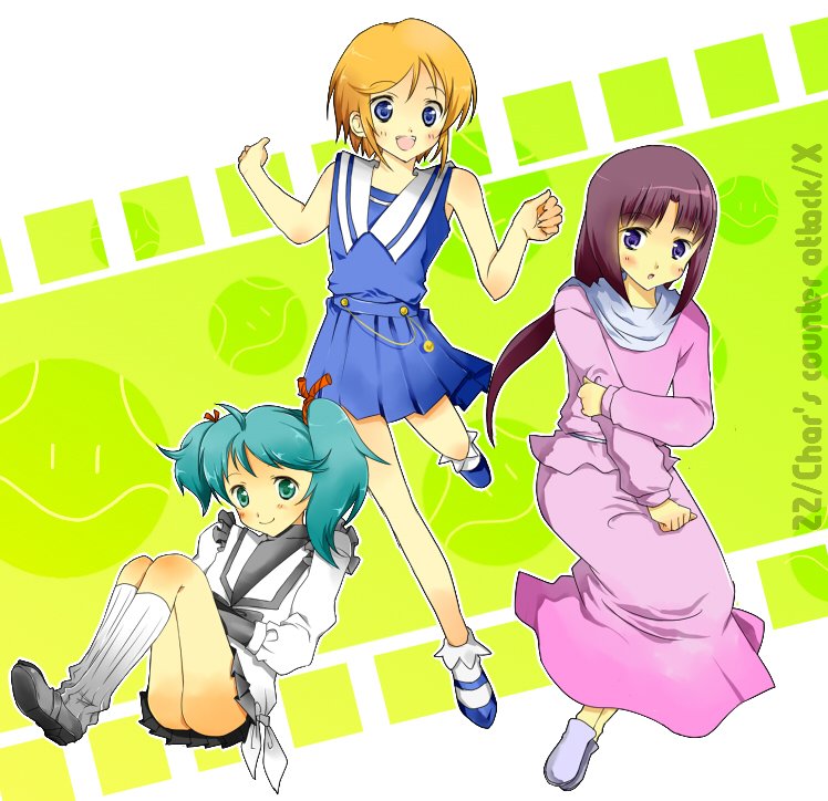after_war_gundam_x, aqua_hair, blue_eyes, blush, char's_counterattack, char's_counterattack, elpeo_puru, green_eyes, gundam, gundam_x, gundam_zz, haro, long_hair, multiple_girls, orange_hair, quess_paraya, ri2, short_hair, short_twintails, tiffa_adill, twintails
