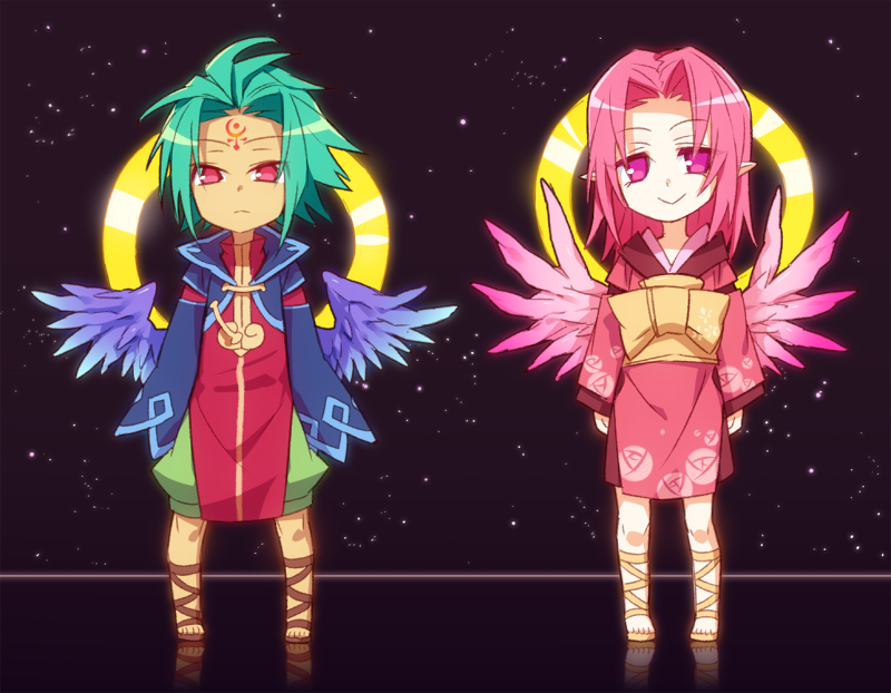 1boy, 1girl, :>, belial_(mygrimoire), facial_mark, forehead_mark, green_hair, japanese_clothes