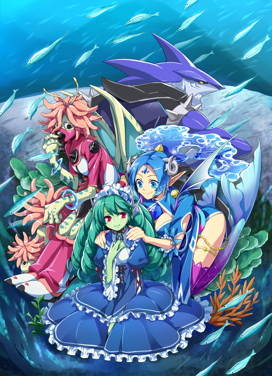 2boys, 2girls, blue_eyes, blue_hair, dress, fish, forehead_jewel, forneus_(mygrimoire)