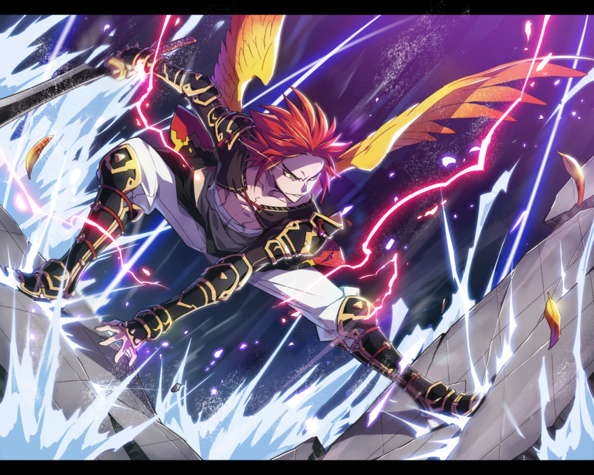 1boy, angry, boots, fighting_stance, kyousaku, male, mygrimoire, original, pants, redhead, shirtless, solo, squatting, sword, waka-sama_(mygrimoire), weapon, wings, yellow_eyes