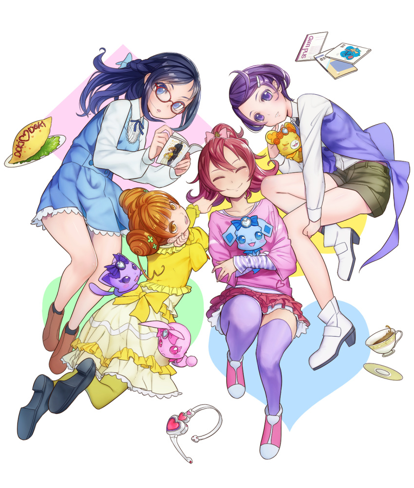 4girls, aida_mana, animal_hug, blue_eyes, blue_hair, braid, closed_eyes, cup