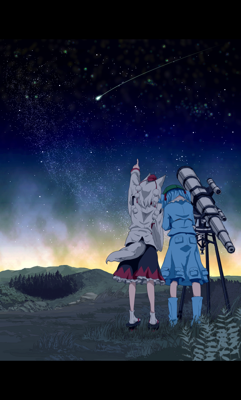 2girls, animal_ears, blue_hair, detached_sleeves, forest, from_behind, grass, hair_bobbles, hair_ornament, hat, highres, inubashiri_momiji, kawashiro_nitori, keckle, letterboxed, mountain, multiple_girls, nature, pointing, rock, rubber_boots, shooting_star, short_hair, skirt, skirt_set, sky, star_(sky), starry_sky, tabi, tail, telescope, tengu-geta, tokin_hat, touhou, twilight, twintails, white_hair, wolf_ears, wolf_tail
