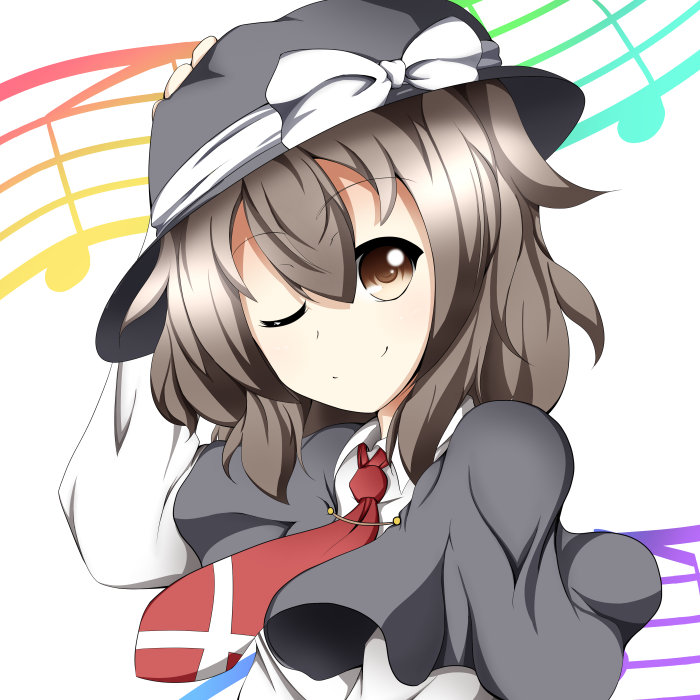 1girl, brown_eyes, brown_hair, hat, necktie, okapia, short_hair, smile