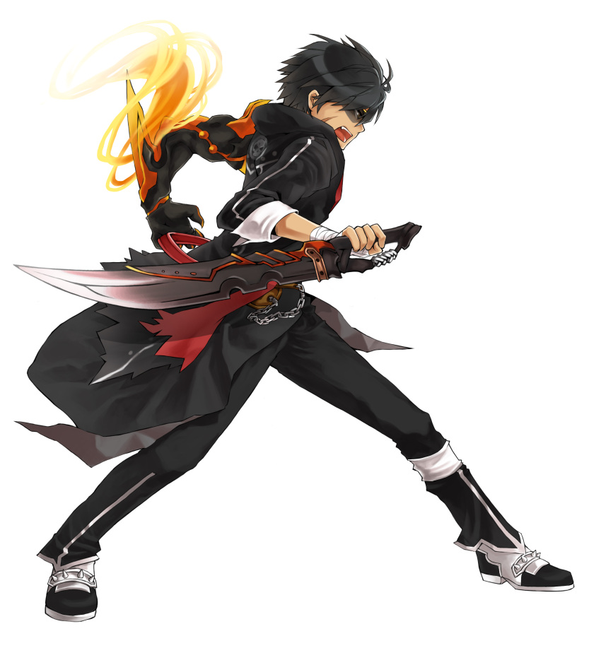 1boy, absurdres, alternate_costume, bandages, black_hair, coat, elsword, fire, glasses, highres, ivy60530, jacket, male, open_mouth, pants, raven_(elsword), reverse_grip, scar, shoes, solo, sword, weapon, white_background